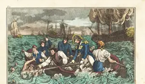 Bookplate: English Regency sailors saving men overboard