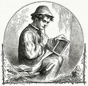 Yokel: English Yokel practising maths on slate 1858