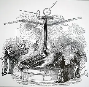 1842: An engraving of Brewing: large mash tun, in which