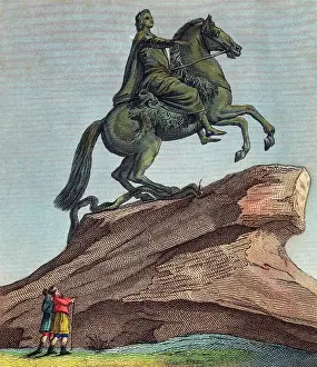 Falconet: Engraving Bronze Horeseman Statue Peter The Great