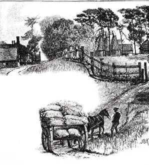 Sack: An engraving of Carting sacks of striped hops