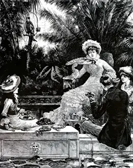 Conservatory: An engraving depicting afternoon tea in the conservatory