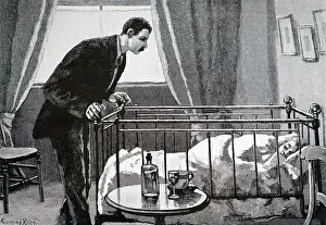 Anxiety: Engraving depicting an anxious father watching