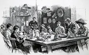 Handicrafts: Engraving depicting an arts and handicrafts class
