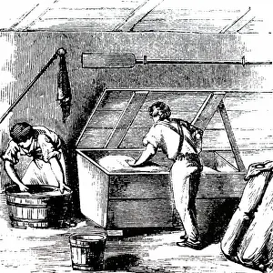 Trough: An engraving depicting a baker kneading dough in a trough