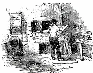 Bakery: An engraving depicting a baker setting a batch