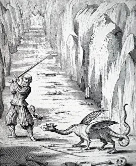 Caves: An engraving depicting a battle with a dragon