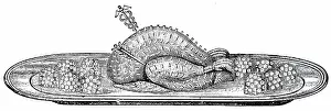 Beautifully: An engraving depicting a beautifully cooked turkey