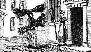Broom: Engraving depicting a birch broom maker