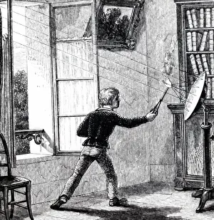 Focused: Engraving depicting a boy lighting paper using