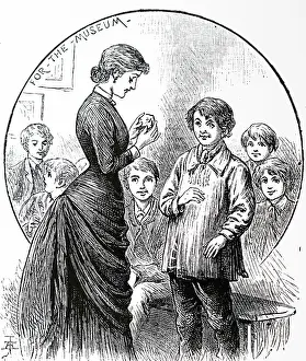 Presenting: Engraving depicting a boy presenting a geological