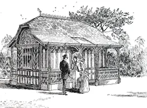 Exhibit: An engraving depicting a bungalow