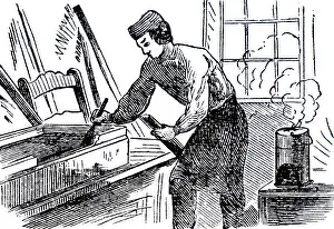 Carpentry: An engraving depicting a cabinet maker using glue