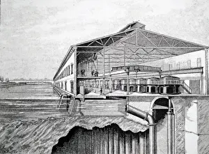 Hydro: Engraving depicting the central hall of the Niagara