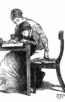 Pinwell: Engraving depicting a child learning to write