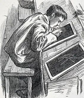 Slate: Engraving depicting a child writing with chalk