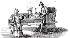 Calligraphy: An engraving depicting a Chinese calligrapher
