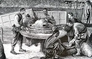 Grind: An engraving depicting a Chinese flour mill