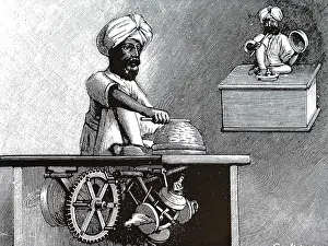 Bunch: An engraving depicting a clockwork-driven Indian magician
