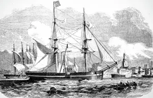 Unloading: Engraving depicting a coal boat unloading in a port