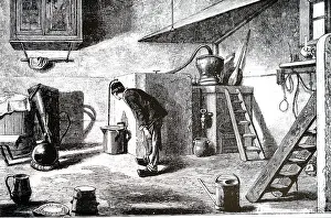 Traditionally: An engraving depicting the distillation of Kirsch