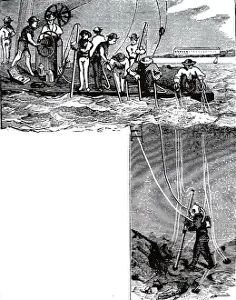 Drill: An engraving depicting a diver attached to a drilling scow