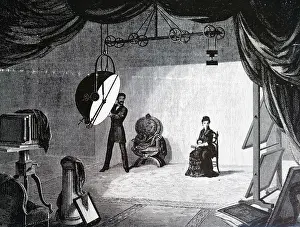 Engraving depicting electric arc lights being