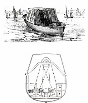 Driven: Engraving depicting an electric boat driven by