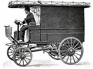 Battery: Engraving depicting an electric delivery van