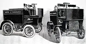 Postal: Engraving depicting an electric delivery van built by Milde