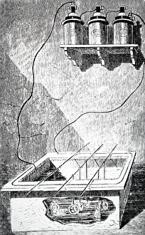 Shelf: Engraving depicting an electroplating bath with Bunsen cells