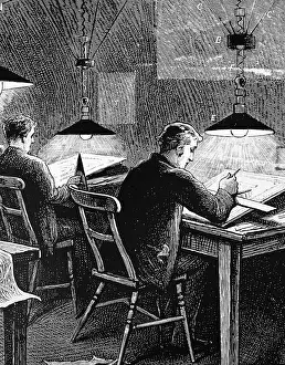 Incandescent: Engraving depicting an engineering classroom at