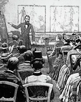 Lecture: Engraving depicting an evening lecture on physiology