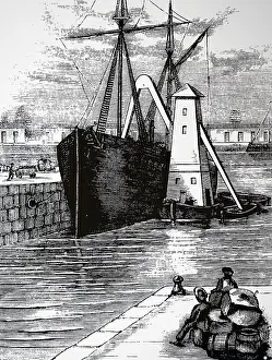 Transferred: Engraving depicting floating grain elevators in Chicago