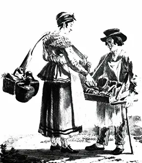 Cheese: Engraving depicting a gingerbread, milk and cheese seller