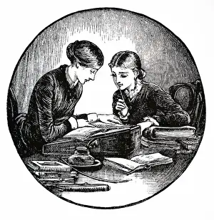 Inkwell: Engraving depicting a governess with her pupil