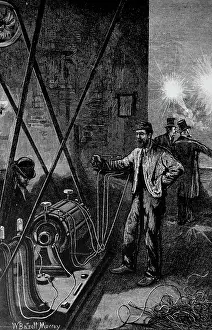 1831: Engraving depicting a Gramme dynamo in situ
