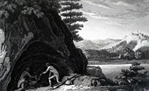 Demonstrating: An engraving depicting the guide of the Grotto