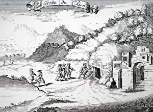 Demonstrating: An engraving depicting the guide of the Grotto