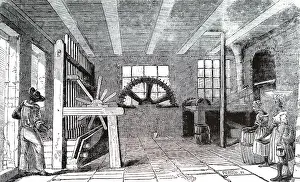 Cocoa: An engraving depicting a mill for husking cocoa beans