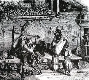 Overhead: An engraving depicting the inside of a Swiss alpine chalet