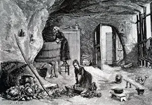 Dwelling: An engraving depicting the interior of a cave dwelling