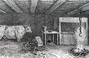 Accomodation: Engraving depicting the interior of a crofter's hut