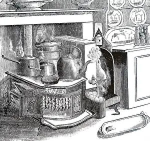 Stove: An engraving depicting a kitchen fitted with a box stove