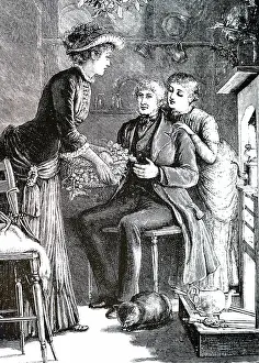 Kettle: An engraving depicting a lady taking a hamper