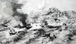 1755: An engraving depicting Lisbon destroyed by an earthquake