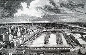 Warehouses: Engraving depicting the London Docks