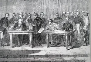 Elgin: An engraving depicting Lord Elgin signing the