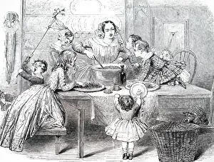 Oven: An engraving depicting the making of the Christmas pudding