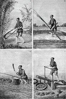 Pounding: Engraving depicting the making of paper in China